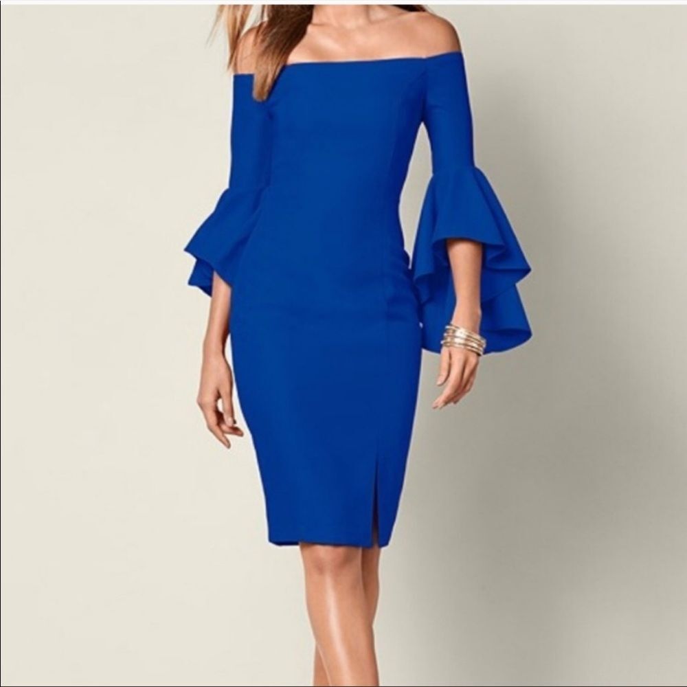 Venus stunning off shoulder ruffle sleeve royal blue dress size 12